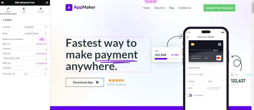 app landing page with elementor dashboard